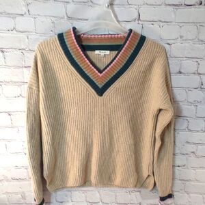 Madewell V-Neck Sweater in Tan with Multicolor Trim